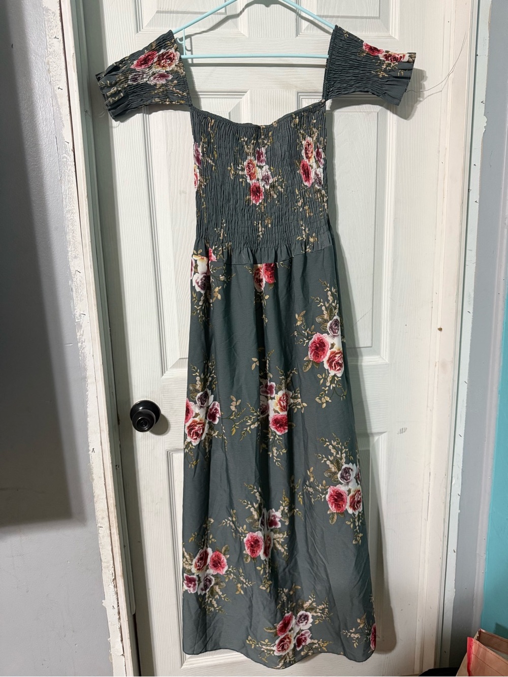 Off-Shoulder Floral Maxi Dress in Slate Green